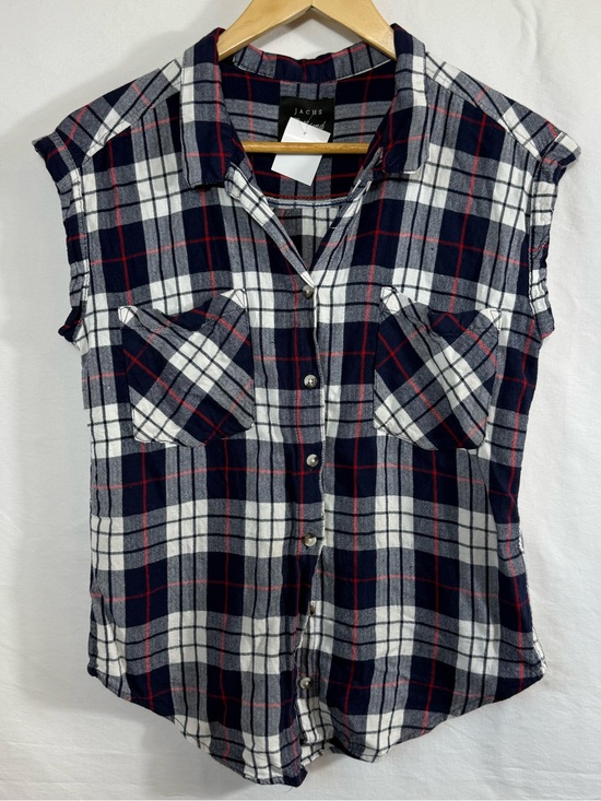 JACHS Girlfriend Tops - JACHS Girlfriend Navy, White & Red Plaid Sleeveless Button-Down Shirt